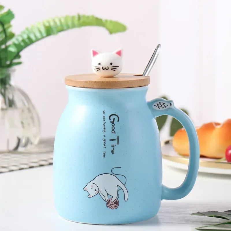 Kawaii Cat Ceramic Mug with Wooden Lid & Spoon πΎπ | Adorable Heat-Resistant Drinkware for Milk, Yogurt & More! πΆβ¨