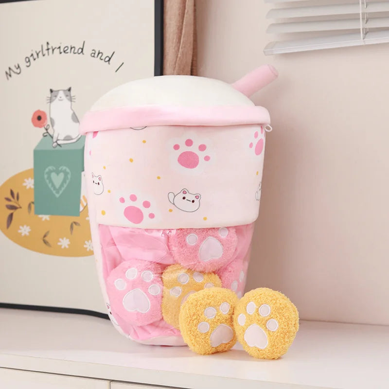 Kawaii 6pcs Boba Milk Tea Pudding Plushies ๐ฅค๐พ - Adorable Cat Paw & Wolfberry Sofa Decor Gifts for Kids & Teens โค๏ธโจ