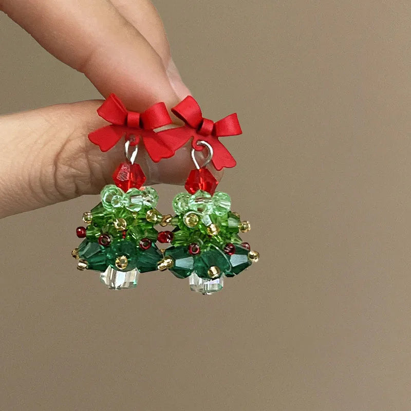 Crystal Beaded Christmas Tree Earrings With Red Bow ๐ Elegant Holiday Jewelry