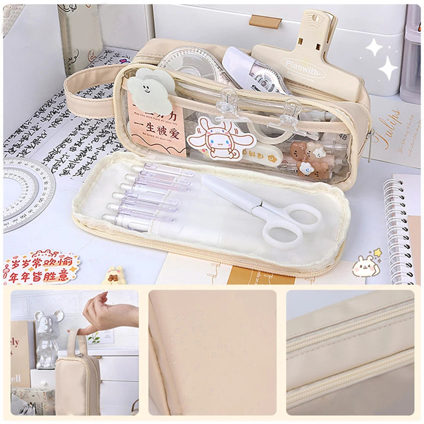 Kawaii Transparent Pencil Case πβ¨ | Multifunctional Storage Bag for Girls π | Large Capacity Double Layer School Supplies π¨βοΈ