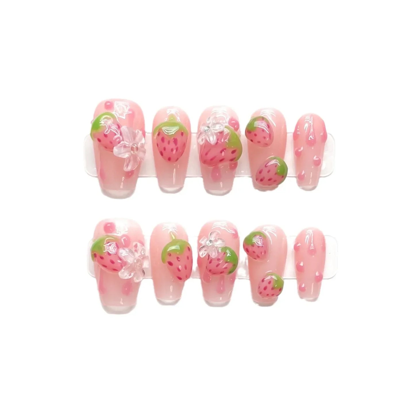 Kawaii Strawberry Dream πΈπ 10pcs Handmade Pink Coffin Press-On Nails - Sweet 5D Decor for Cute Manicures!