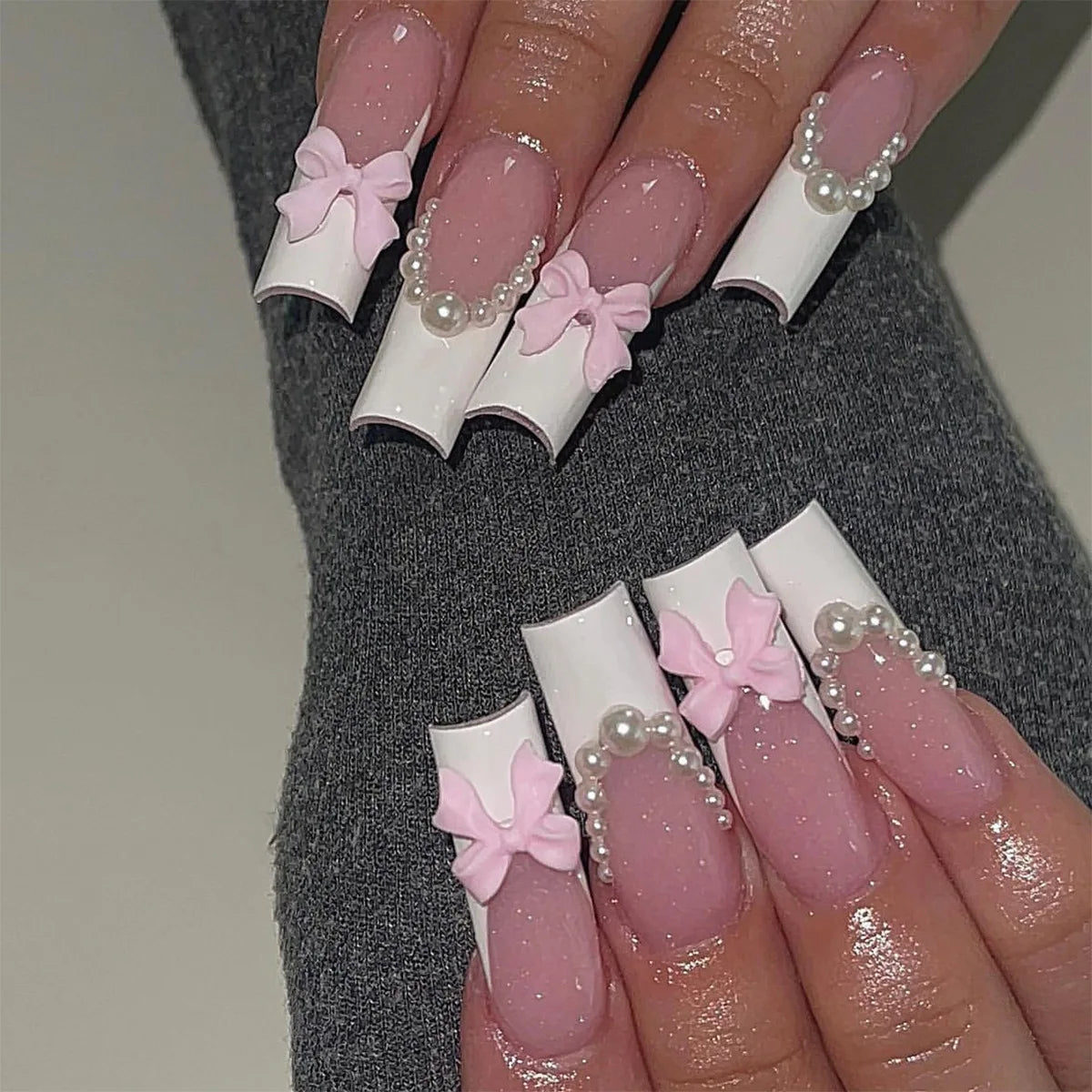 Kawaii Pink Bow Ballet Coffin Press-On Nails πβ¨ - 24 Pcs Full Cover Magic!