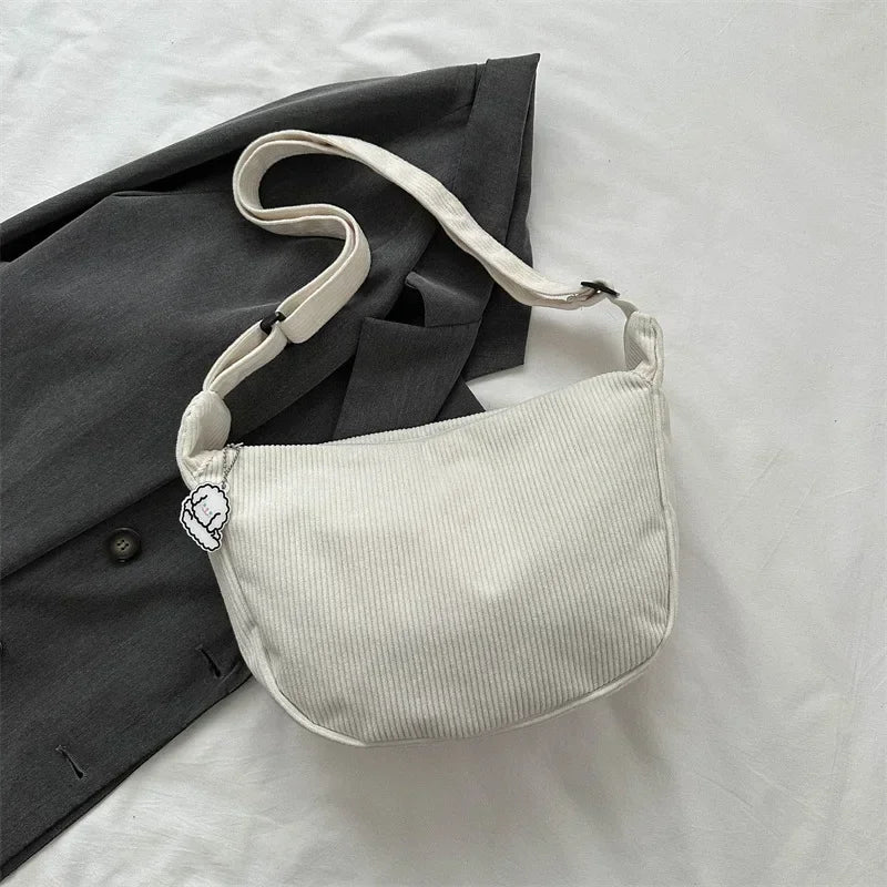 Kawaii Black Corduroy Dumpling Bag πβ¨ - Stylish Canvas Crossbody for Students! - Pixie Quill