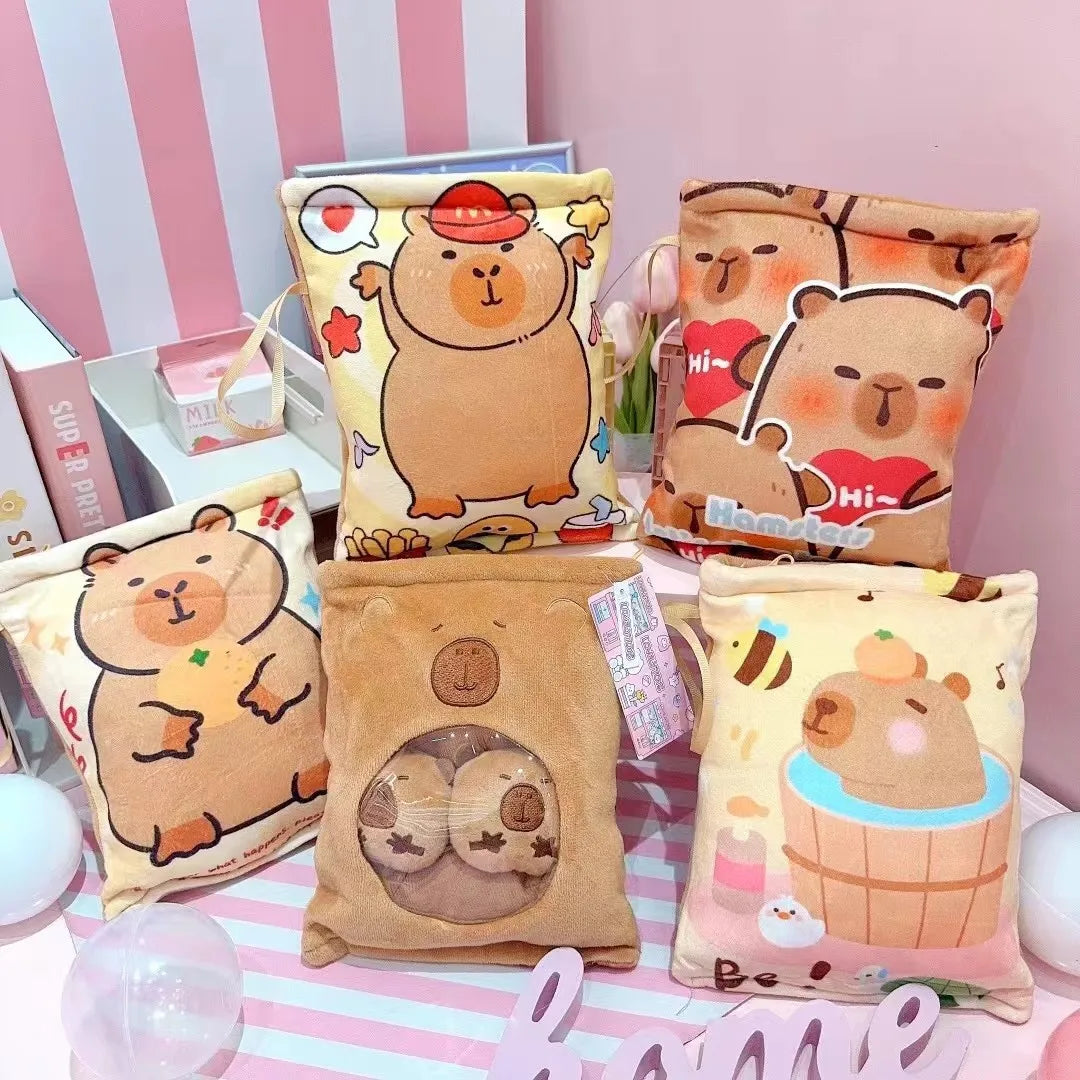 Adorable Kawaii Capybara Plush Snack Bag πΎπ - Cute & Soft Animal Bag with 4 Tiny Capybara Cubs!