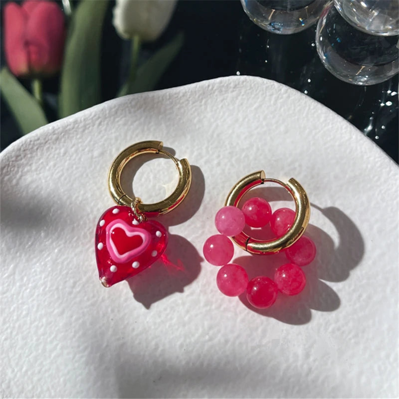 Kawaii Sweetheart Red Glass Heart Drop Earrings 💖✨ - Adorable Asymmetrical Jewelry for Party Girls!