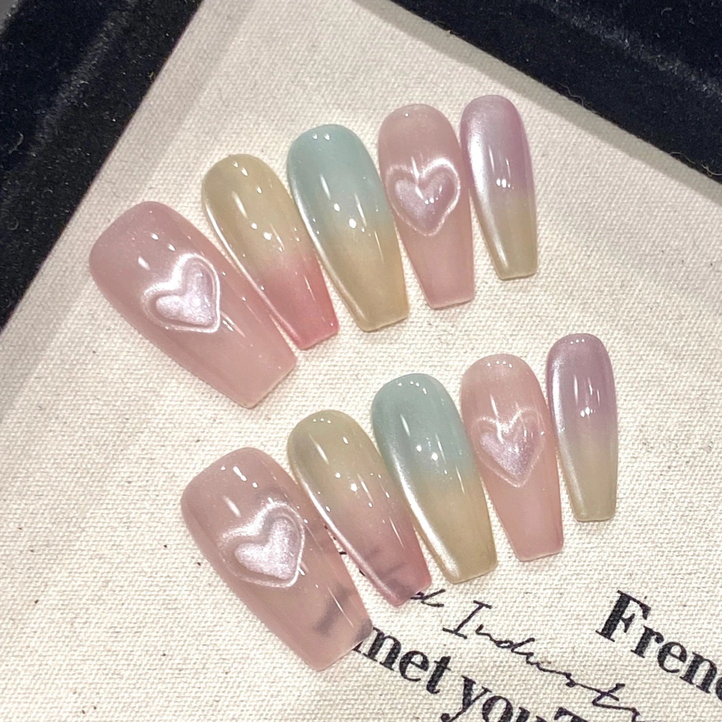 Kawaii Pink Cat Eye Press-On Nails ππ | Handmade False Nails with Love Heart & Bow Designs πΈβ¨ Perfect for Sweet DIY Manicures!