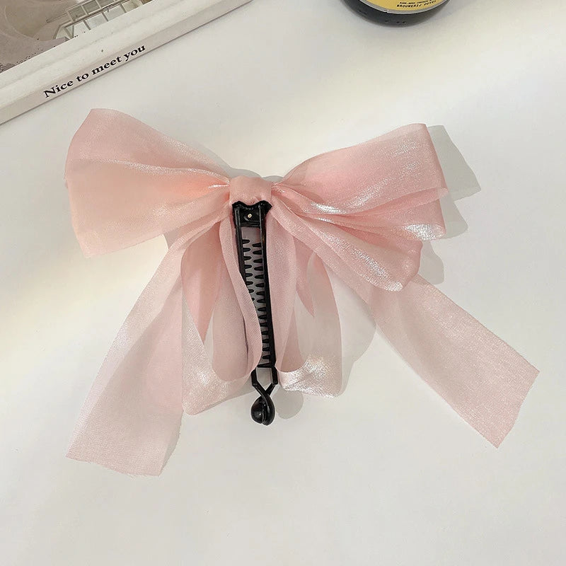 Charming Chiffon Bow Banana Clip 🎀✨ for High Ponytails – Vintage Style Hair Accessory 🐒🌸 - Pixie Quill