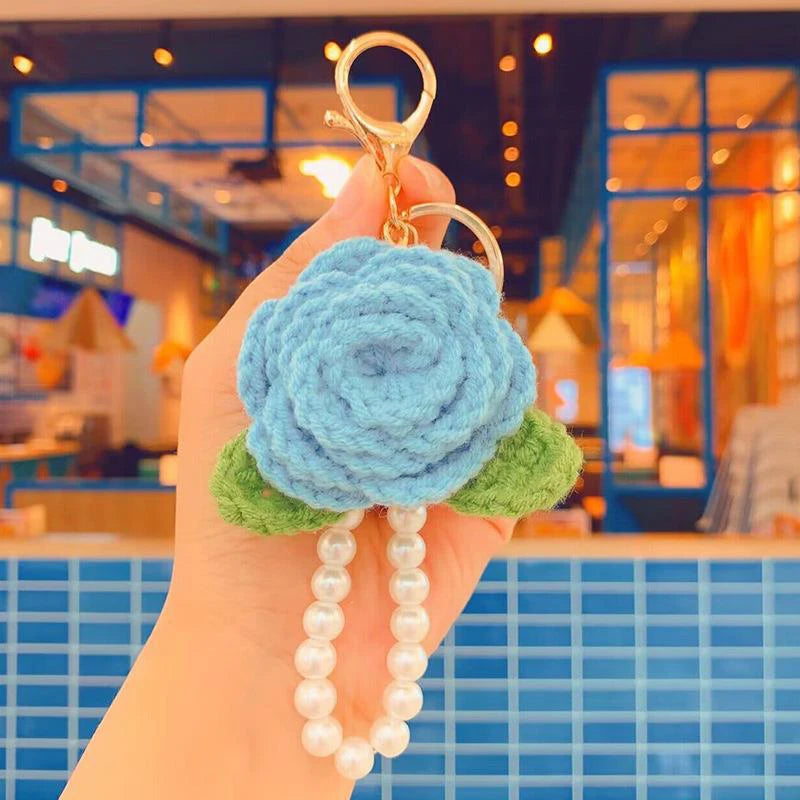 Fluffy Knit Rose Keychain Crochet Flower Pendant With Pearl Wrist Strap 🎀🌸🧶