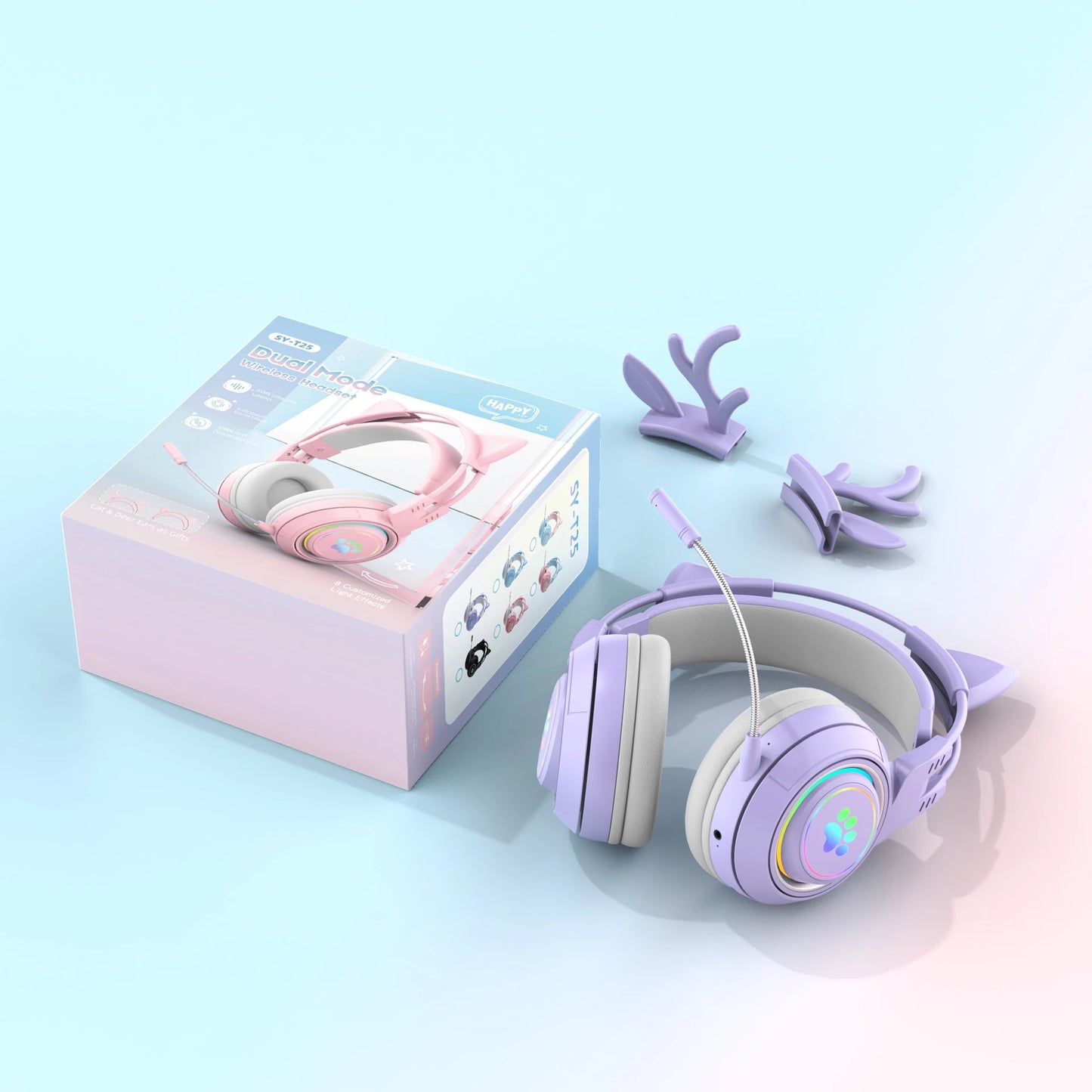 Kawaii Cat Ear Bluetooth Headphones π§β¨ - Cute Antlers Gaming Headset with RGB Lights for Kids πΎπ¦