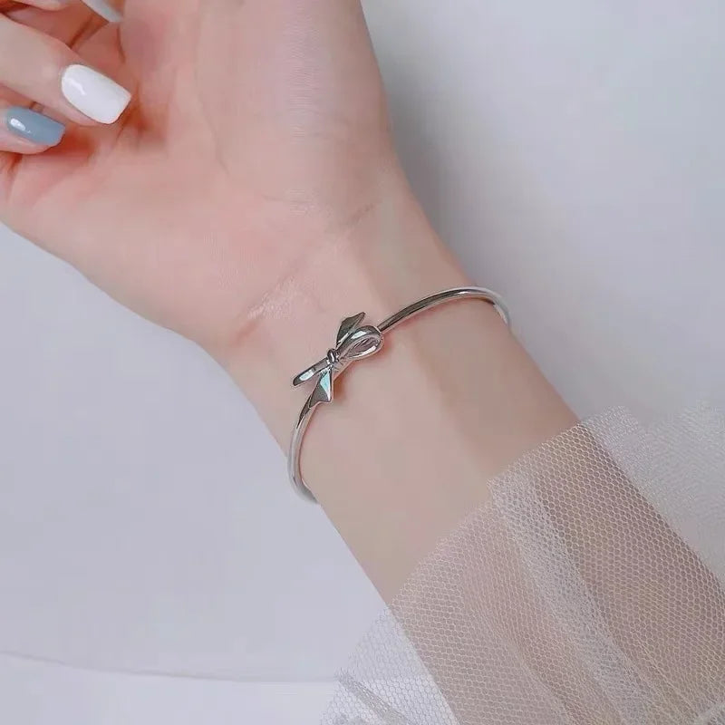 Adorable Kawaii 925 Sterling Silver Bow Bangles for Women πβ¨ - Chic Party & Wedding Bracelets, Perfect Gift Idea! π
