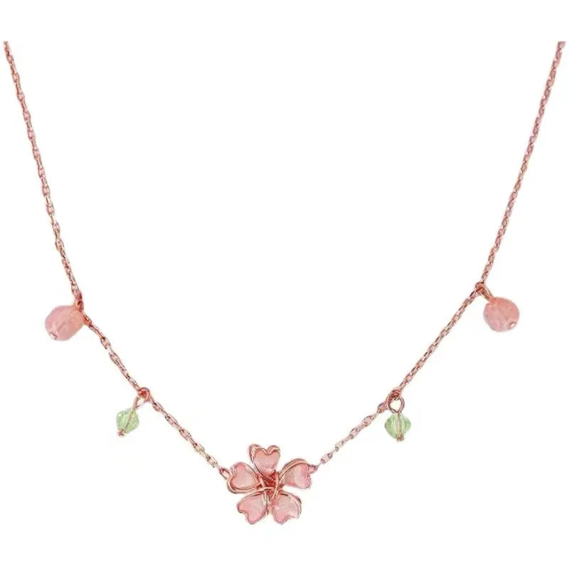 Kawaii Pink Cherry Blossom Crystal Pendant Necklace πΈβ¨ | Sweet Flower Charm for Womenβs Weddings & Parties ππ