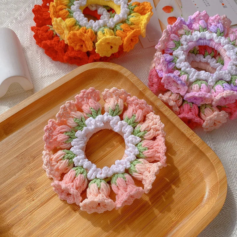 Kawaii Crochet Flower Ponytail Scrunchie ๐ธโจ| Adorable Knitted Hairband for Spring & Summer ๐ผ๐