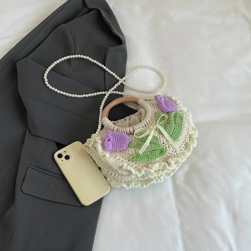 🌸 Kawaii Boho Moonlit Crochet Bag 🌙 Handcrafted Knitted Shoulder Clutch with Pearls & Rope Detail 💖