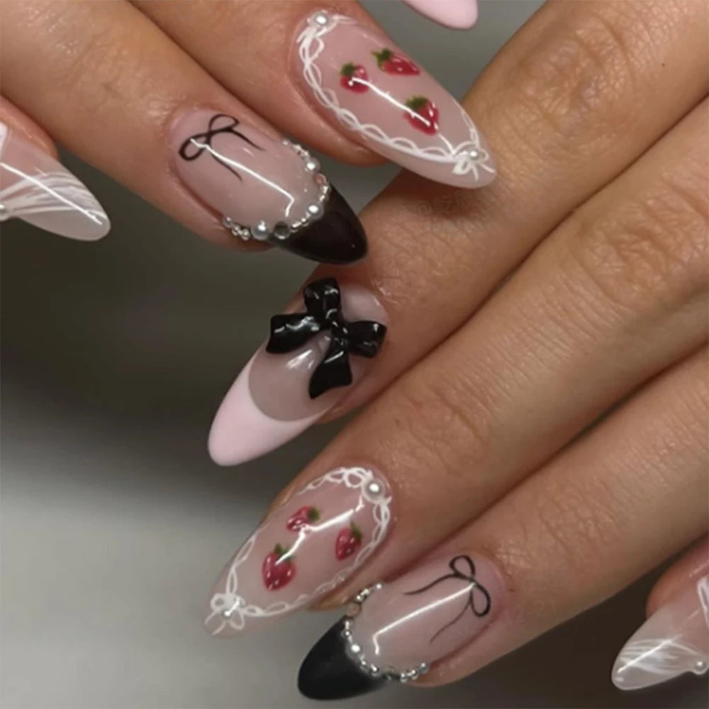 Kawaii 24pcs Bowknot Coffin Press-On Nails πβ¨ Sweet French Tips with White Pearls for Summer Parties πΈπ