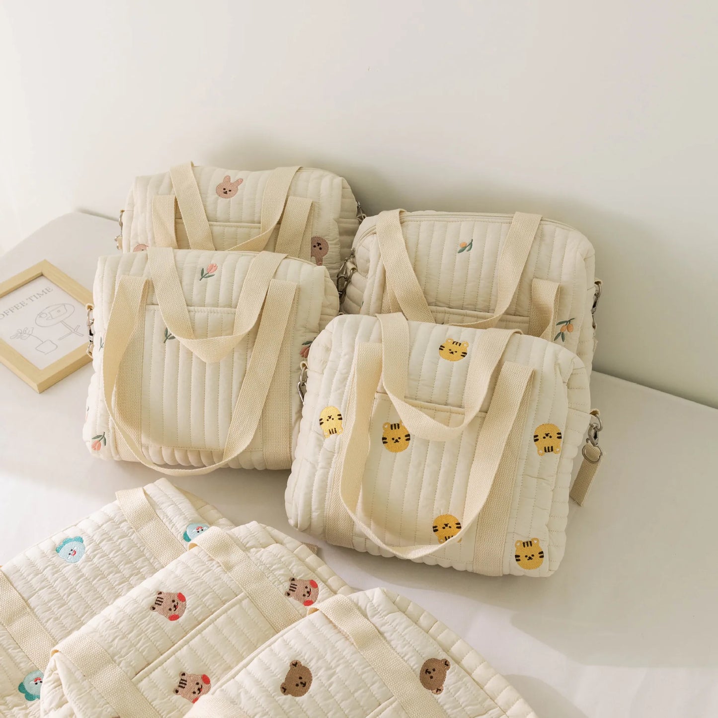 Kawaii Bear Embroidered Baby Diaper Bag 🐻💕 | Stylish Quilted Mummy Messenger Bag for Newborn Care & Stroller Storage 🌈✨