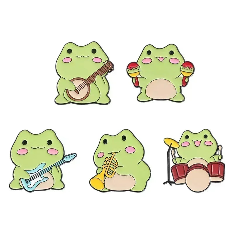Kawaii Cartoon Frog Band Enamel Pins ๐ถ๐ธ | Fun Drum & Guitar Brooches for Kids & Friends ๐ธโจ | Cute Lapel Badges & Jewelry Gift