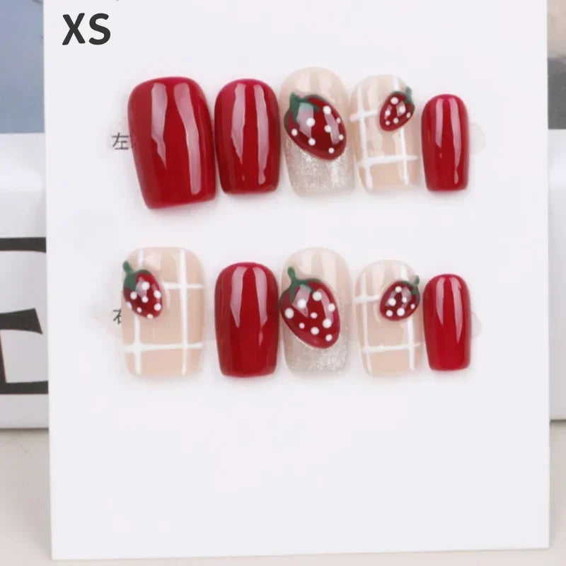 Kawaii Strawberry Dream πΈπ 10pcs Handmade Pink Coffin Press-On Nails - Sweet 5D Decor for Cute Manicures!