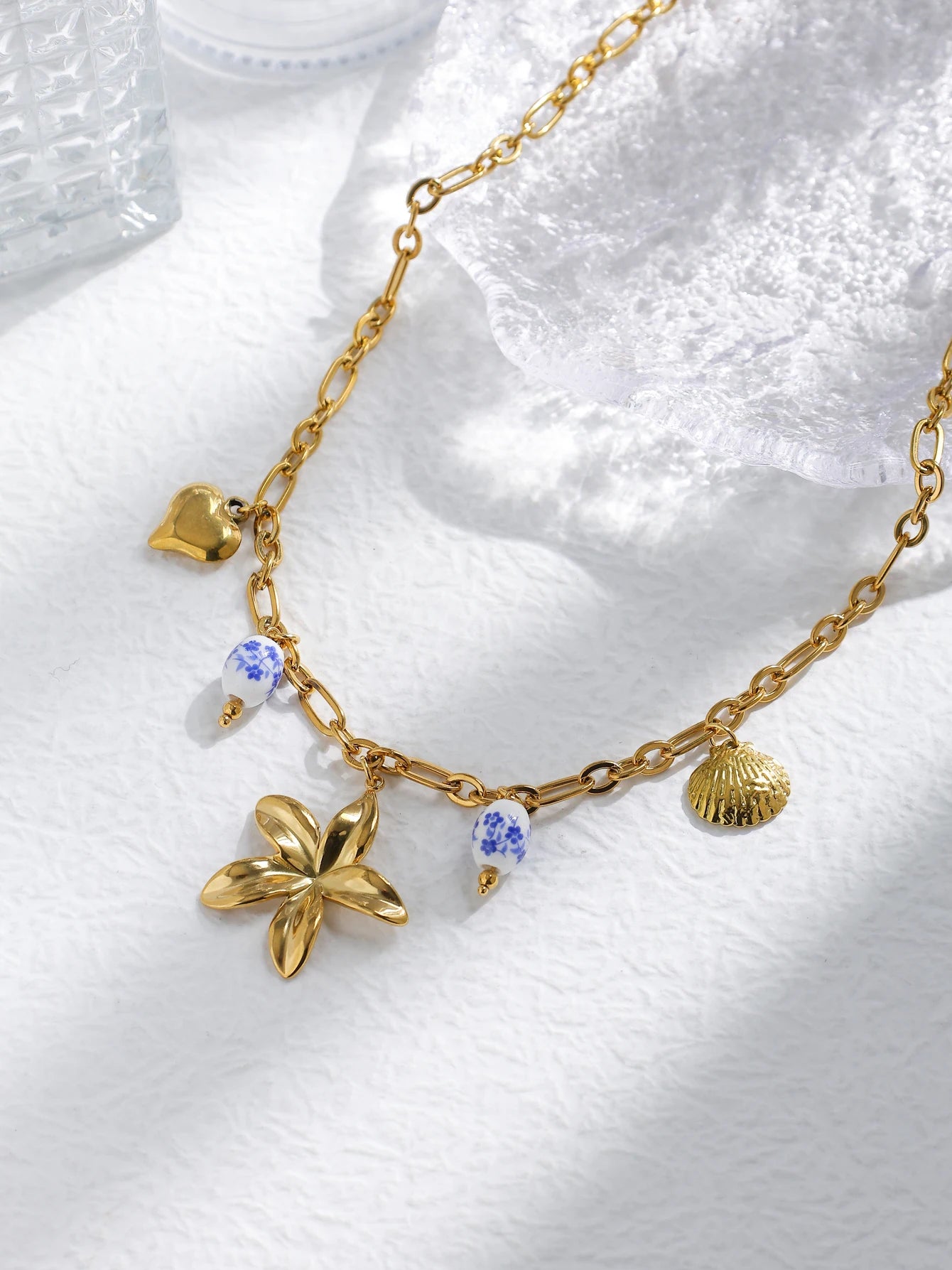 Blue And White Porcelain Flower Shell Heart Pendant Necklace For Women ๐๐ธ