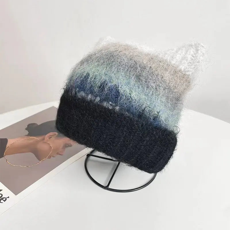 Kawaii Cat Ear Winter Beanie ๐พโจ Cozy Rainbow Knit for Women