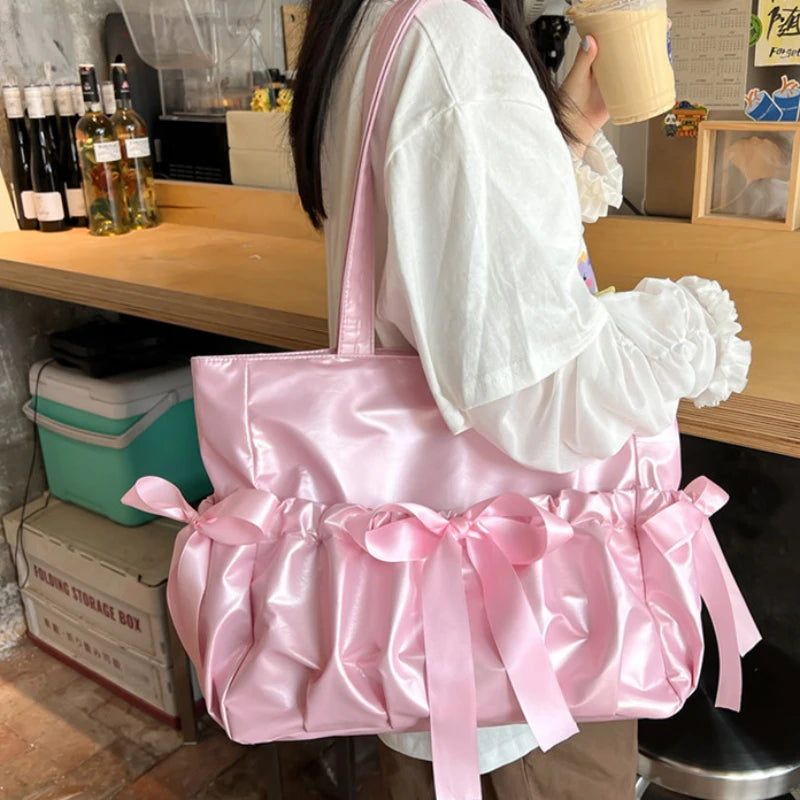 Kawaii Ribbon Bow Tote Bag πΈβ¨ Sweet Forest Style | Large Capacity Double-Sided Handbag for Students ππ