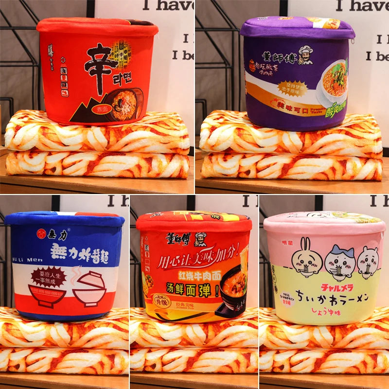 Kawaii Instant Noodle Plush Blanket πβ¨ - Adorable Ramen Pillow & Storage Bucket for Cozy Naps! ππ