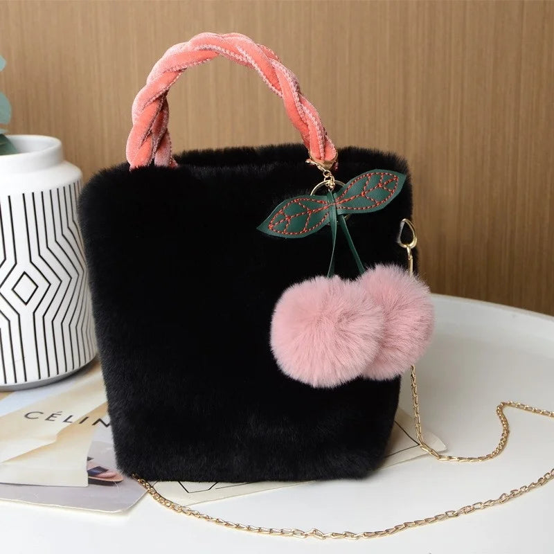 Kawaii Plush Faux Fur Crossbody Bag πΎβ¨ with Pompom Cherry & Fluffy String π - Cute Small Purse for Girls!