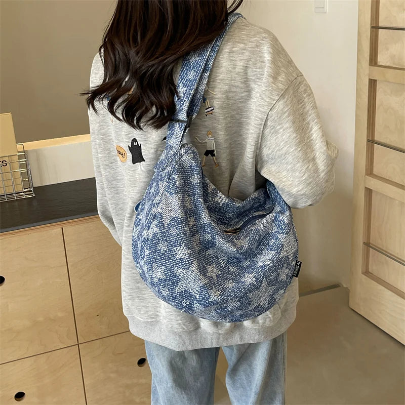 Kawaii Denim Dream πβ¨ - Patchwork Shoulder Bag for Trendy Girls, Versatile Messenger Hobo Style! ππ