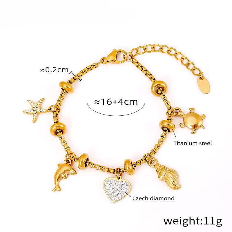 Kawaii 316L Stainless Steel Heart Charm Bracelet πβ¨ - 18k Gold-Plated with Sparkling Zircon Pendants! ππ