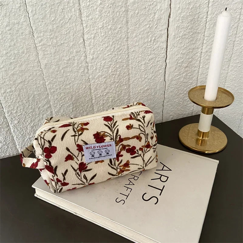 Kawaii Corduroy Flower Makeup Pouch πΈβ¨ | Adorable Travel Cosmetic Bag for Students ππ | Stylish Lipstick & Brush Organizer π