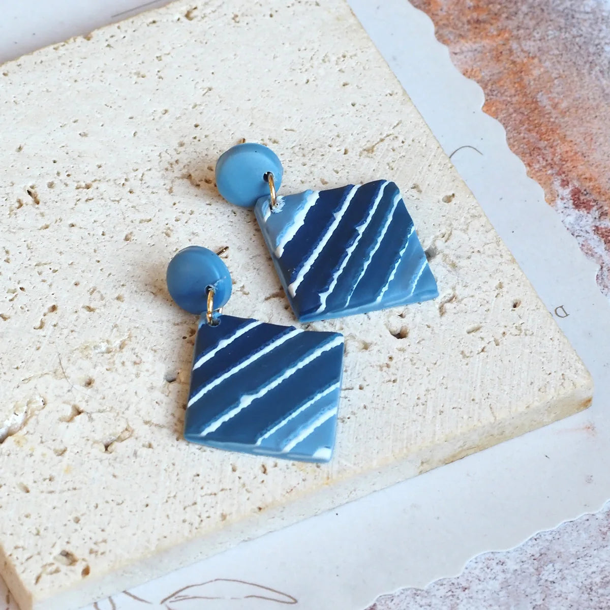 Navy Blue Flower Polymer Clay Dangle Earrings Cute For Women 💙✨