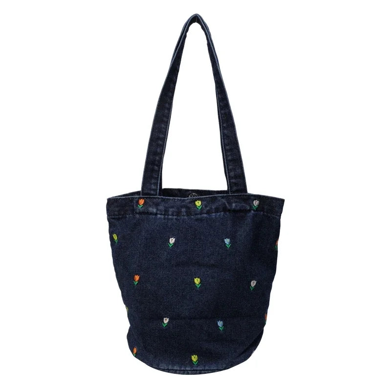 Kawaii Embroidered Denim Bucket Bag 🌸✨ - Trendy Large Capacity Shoulder Tote for 2024!