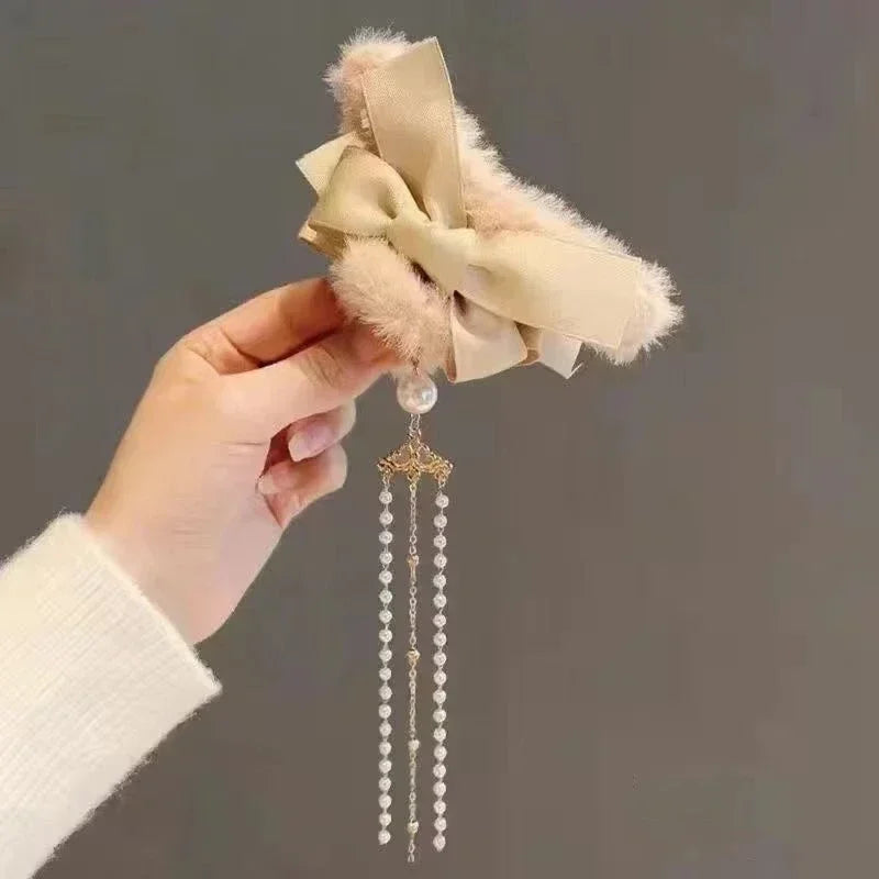 π Plush Bow & Tassel Hair Claw Clips β¨ Cute Korean Style for Girls - Perfect Fall & Winter Accessory! π¦