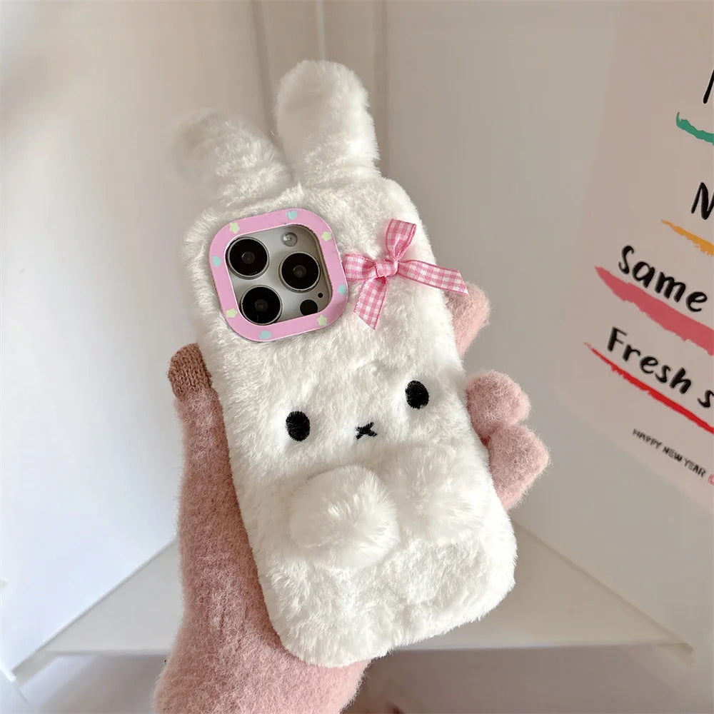 Kawaii 3D Fluffy Bunny Phone Case 🐰💖 for iPhone 11 12 13 14 15 16 Plus - Cozy Winter Furry Cover!