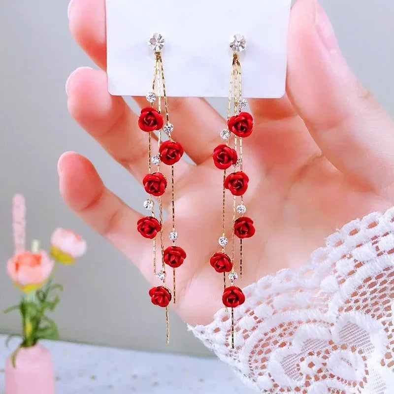 ๐นโจ Kawaii Rose Drop Earrings for Women - Trendy Alloy Tassel Jewelry with Sparkling Rhinestones! ๐๐
