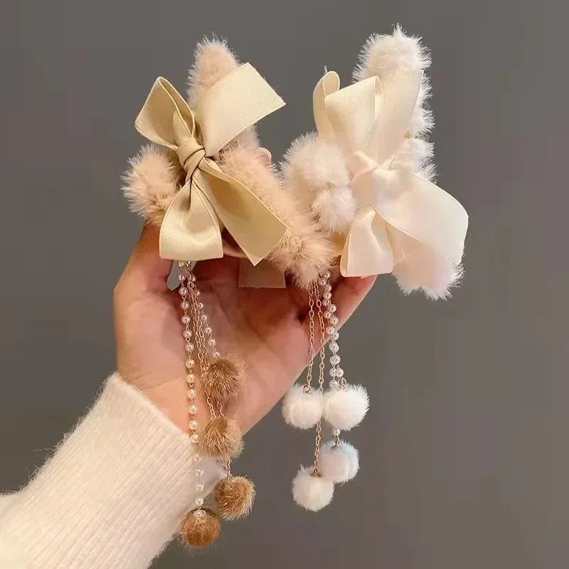 π Plush Bow & Tassel Hair Claw Clips β¨ Cute Korean Style for Girls - Perfect Fall & Winter Accessory! π¦