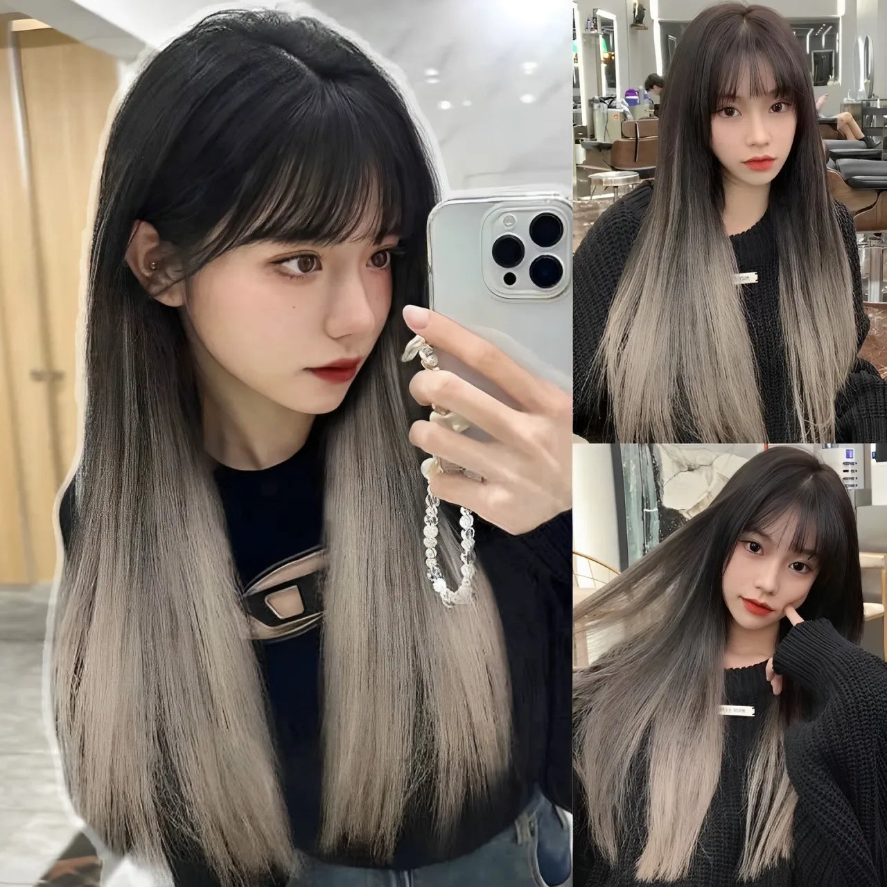 Enchanting Ombre Kawaii Wig πβ¨ - Long Straight Lolita Style with Bangs in Glacier Blue & Blonde!