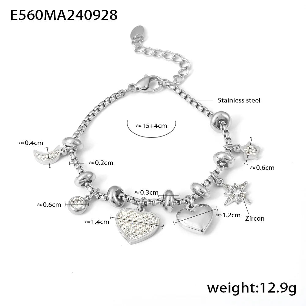 Kawaii Moon & Heart Stainless Steel Charm Bracelet 🌙💖 | Cute Luxury Jewelry Gift for Women 🎁✨