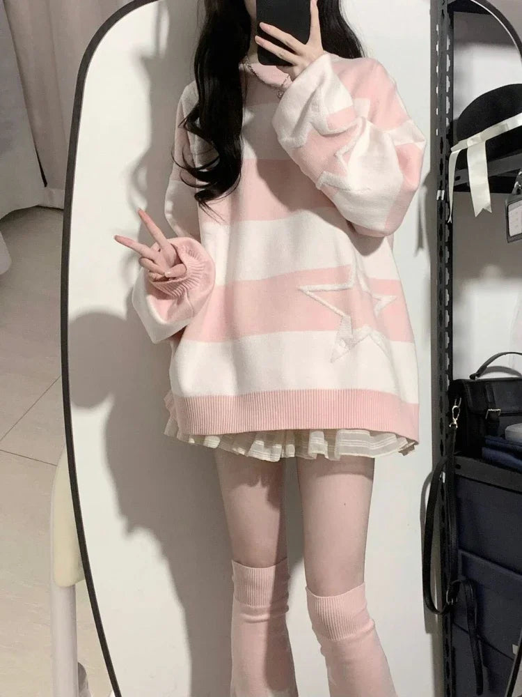 β¨ Kawaii Starry Contrast Sweater π | Grunge Streetwear Jumper for Women | Y2K Aesthetic Cozy Knitwear π