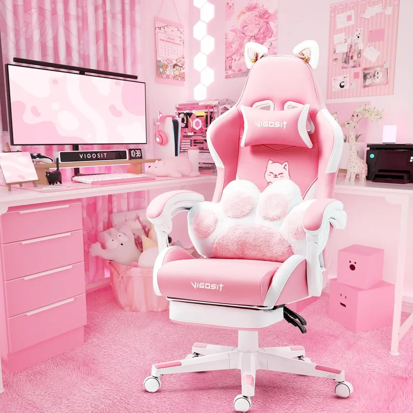 Kawaii Cat Ears Gaming Chair πΎπ | Ergonomic Pink PC Chair with Plush Lumbar Cushion & Footrest π±β¨