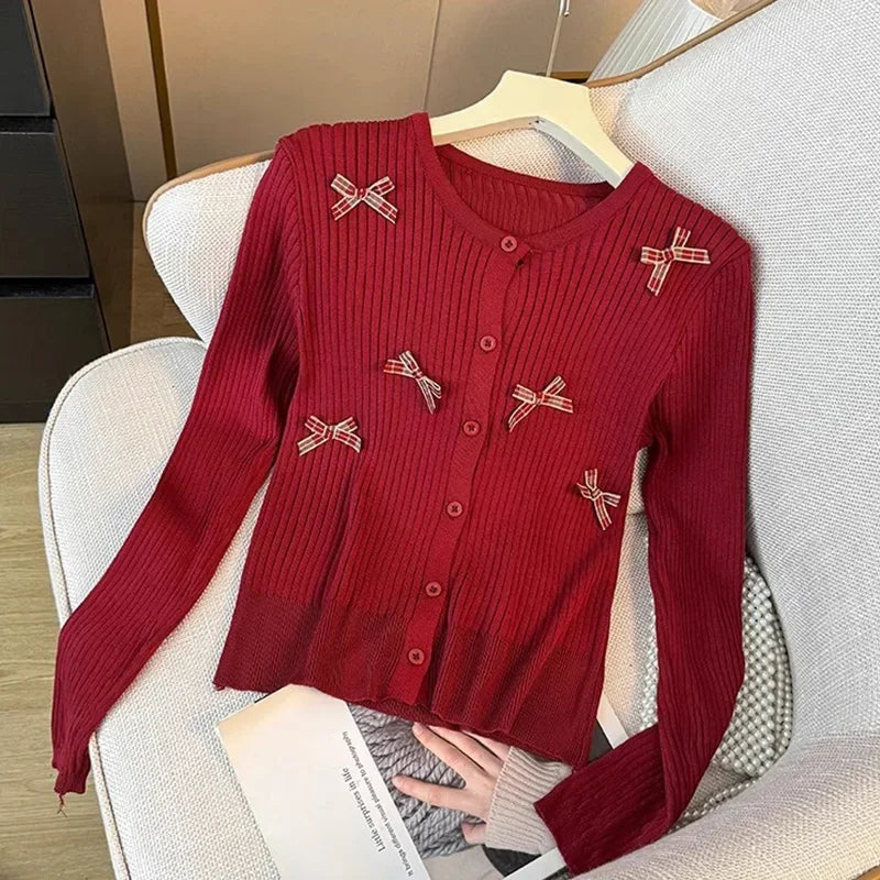 Kawaii Bow-Embellished Cardigan πΈ | Adorable Round Neck Knit Sweater for Women π | Perfect for Spring & Autumn πβ¨