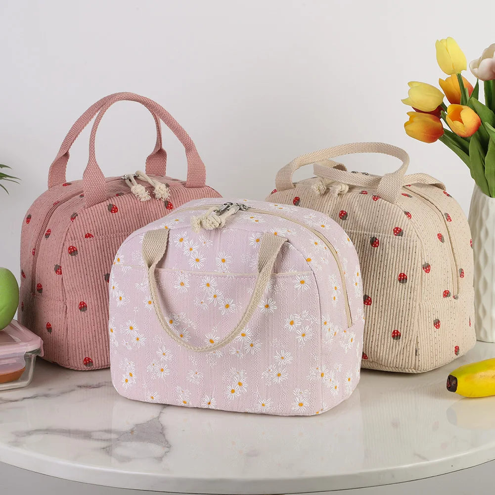 Kawaii Corduroy Lunch Bag πΌπ | Insulated & Spacious Tote for Women, Girls & Kids - Perfect for Work, Travel & Picnics!