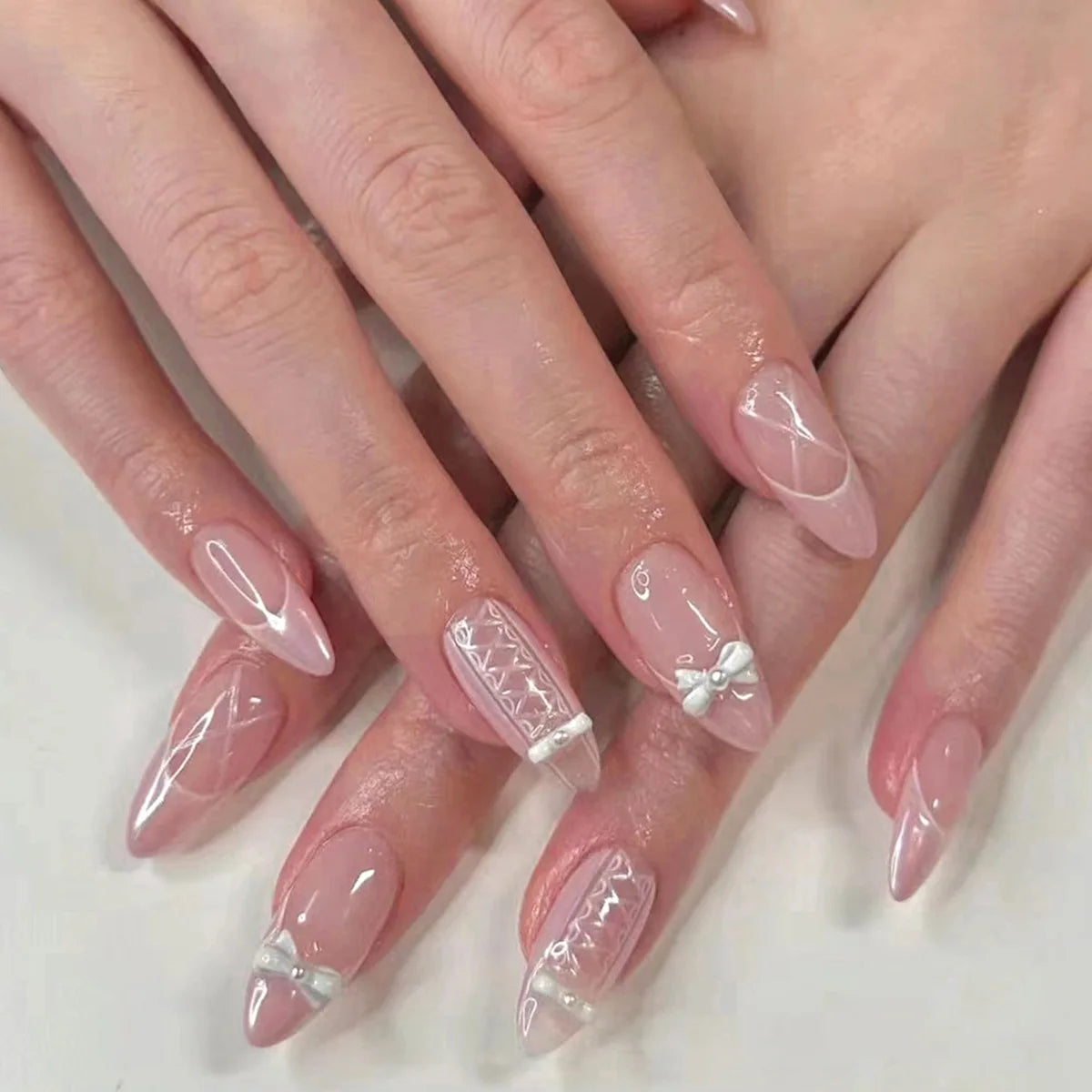 Kawaii Pink Bow French Nail Art - 24PC Almond Press-On Nails ππ
β¨