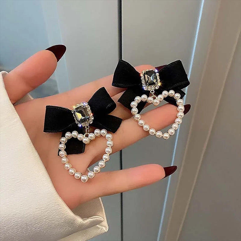 Kawaii Retro Rhinestone Bow Heart Clip-On Earrings ππ