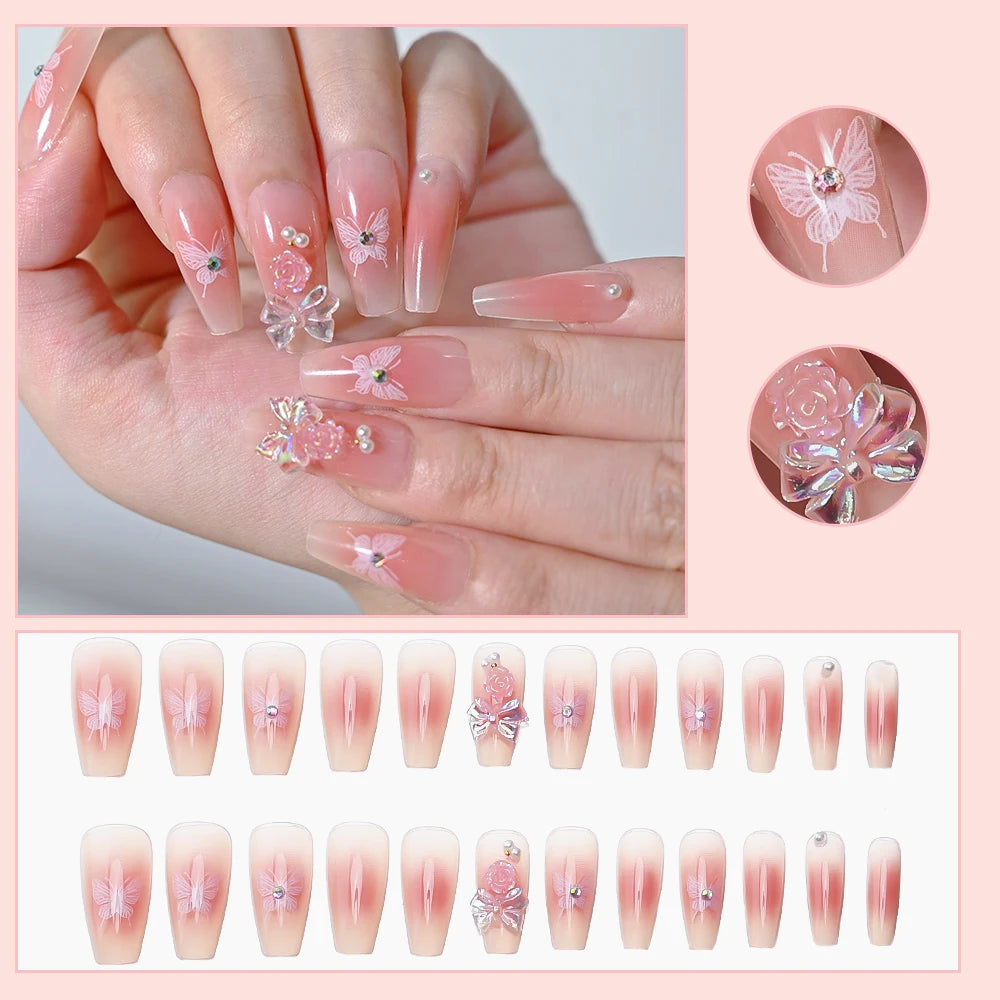 Kawaii Blush Pink 3D Bowknot & Pearl Press-On Nails πβ¨ | 24pcs Adorable Fake Nail Tips for Cute DIY Manicures!