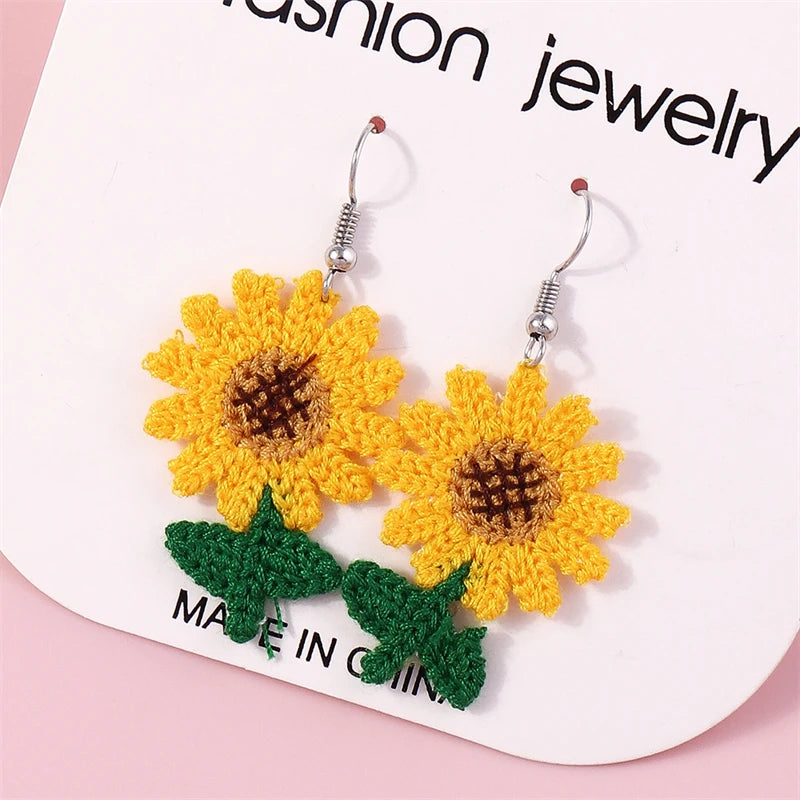 Kawaii Handmade Sunflower Drop Earrings ๐ผโจ | Cute Knitted Dangle Hooks for Party & Holiday Gifts ๐๐