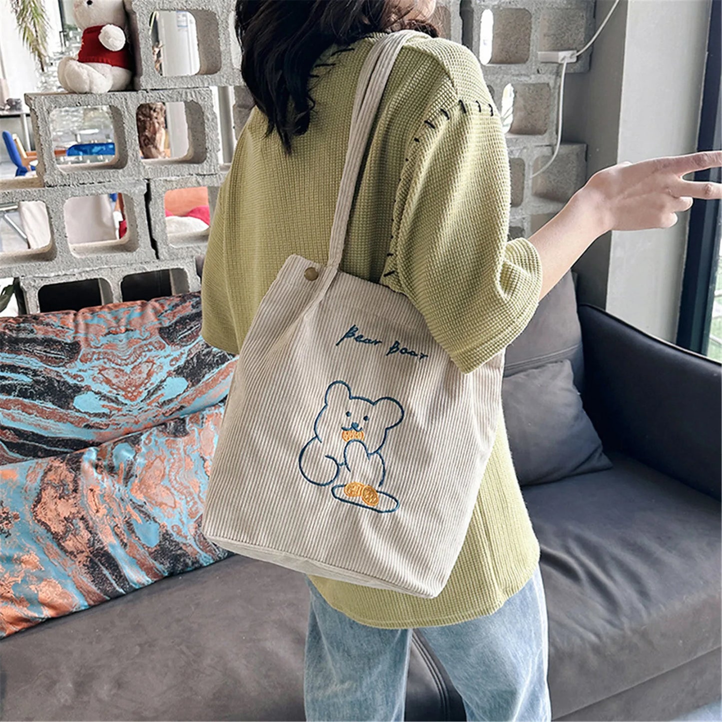 Kawaii Bear Corduroy Tote Bag - Whimsical and Foldable Shopping Companion! ๐ปโจ