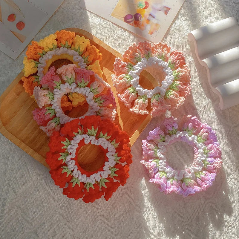 Kawaii Crochet Flower Ponytail Scrunchie ๐ธโจ| Adorable Knitted Hairband for Spring & Summer ๐ผ๐