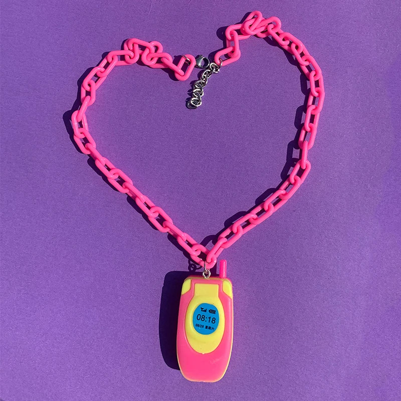 ๐ Cute Pink Mini Phone Pendant Necklace ๐ธ Trendy Y2K Harajuku Jewelry for Women โจ 2000s Vibes!