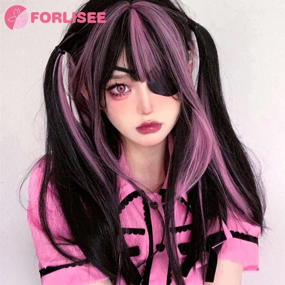 Kawaii Magic! πΈβ¨ FORLISEE Black & Pink Long Straight Wig with Bangs - Perfect for Cosplay & Sweet Lolita Looks! ππ