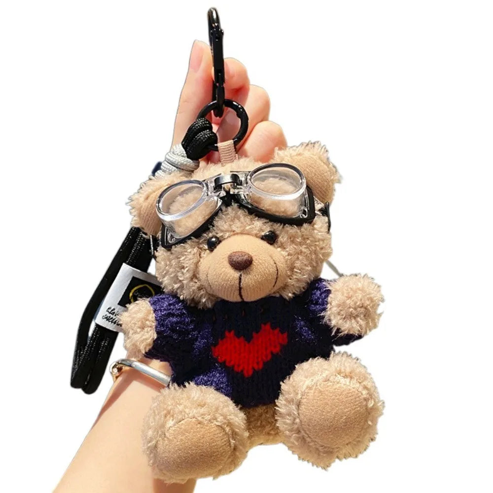 Pilot Bear Keychain With Goggles Plush Pendant Pearl Rope Accessory 🧸🪢